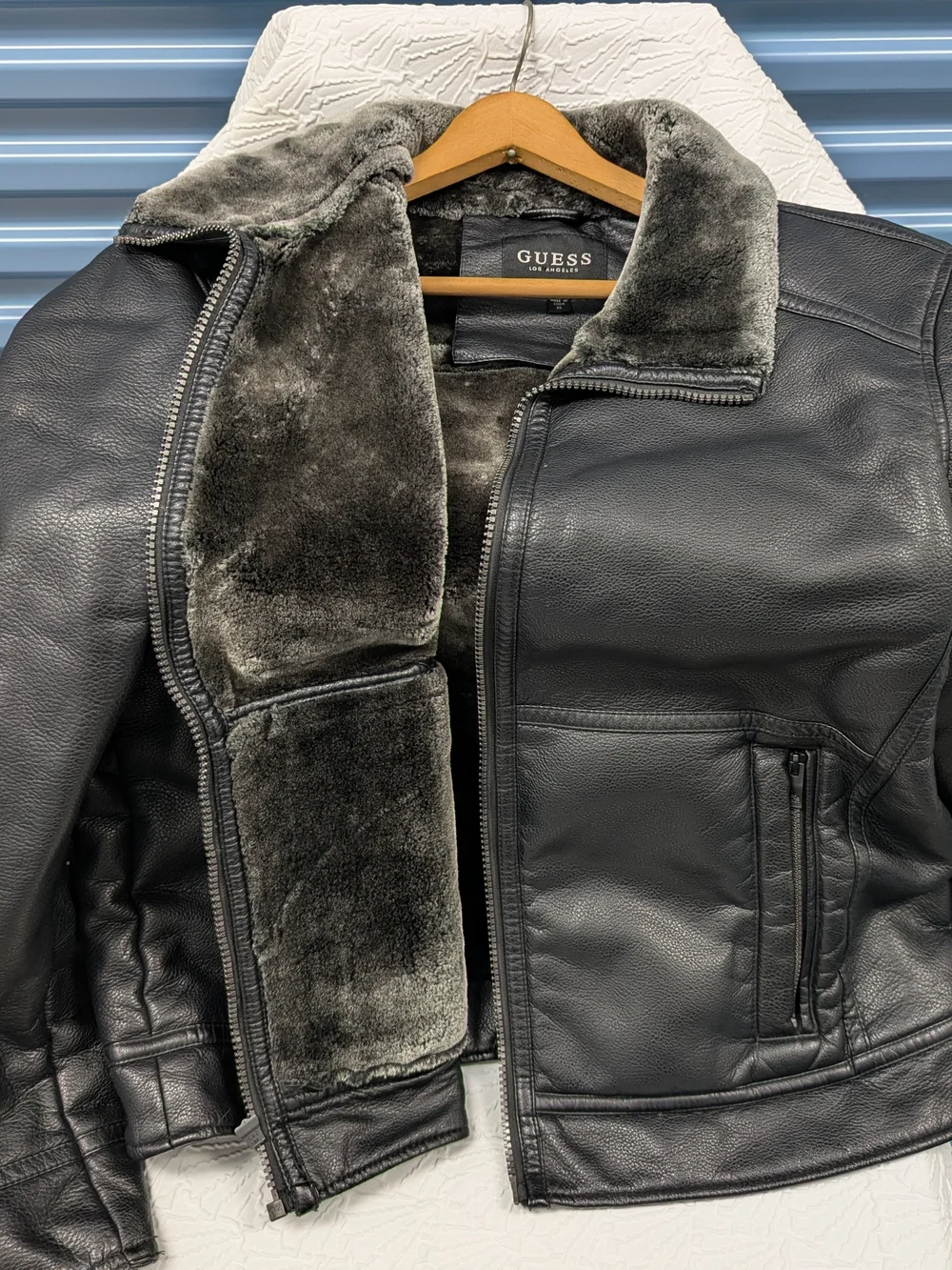 GUESS Black Leather Jacket with Gray Faux Fur Lining